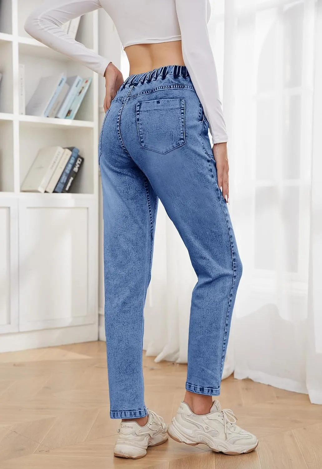 Womens Pull-on Jeans Stretch High Waisted Elastic Waist Jeans for Women Denim Joggers Pants