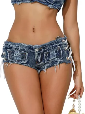 Women's Sexy Denim Shorts Low Waist Cut Off Lace Up Mini Jeans Hot Pants Club Beaches