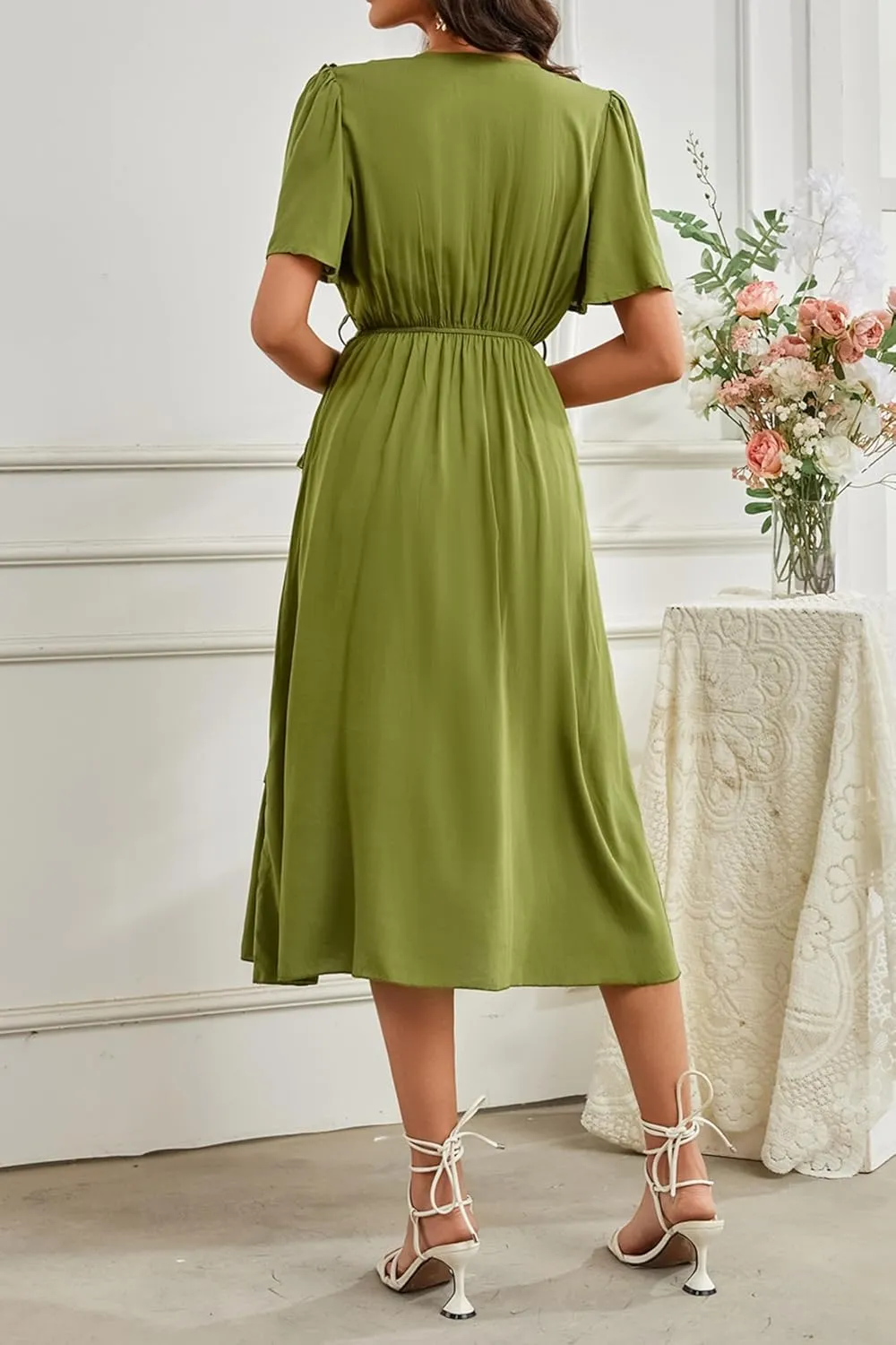 Women's Short Sleeve Summer Casual Pleated Long Ruffle Flowy Dresses with Pockets
