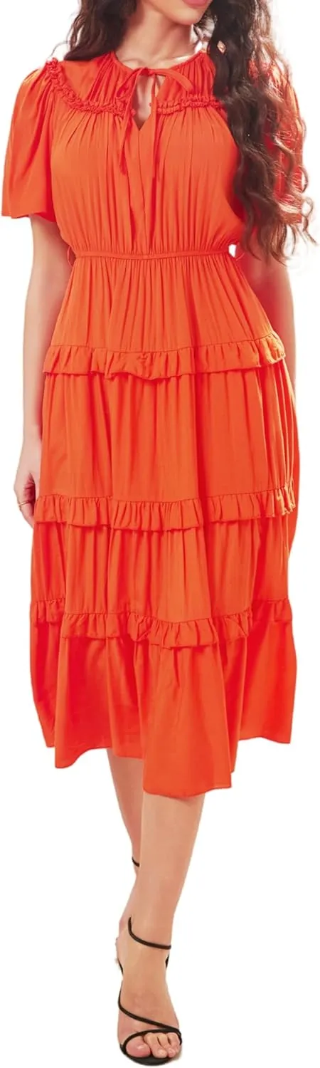 Women's Short Sleeve Summer Casual Pleated Long Ruffle Flowy Dresses with Pockets