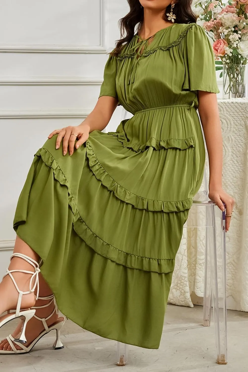Women's Short Sleeve Summer Casual Pleated Long Ruffle Flowy Dresses with Pockets