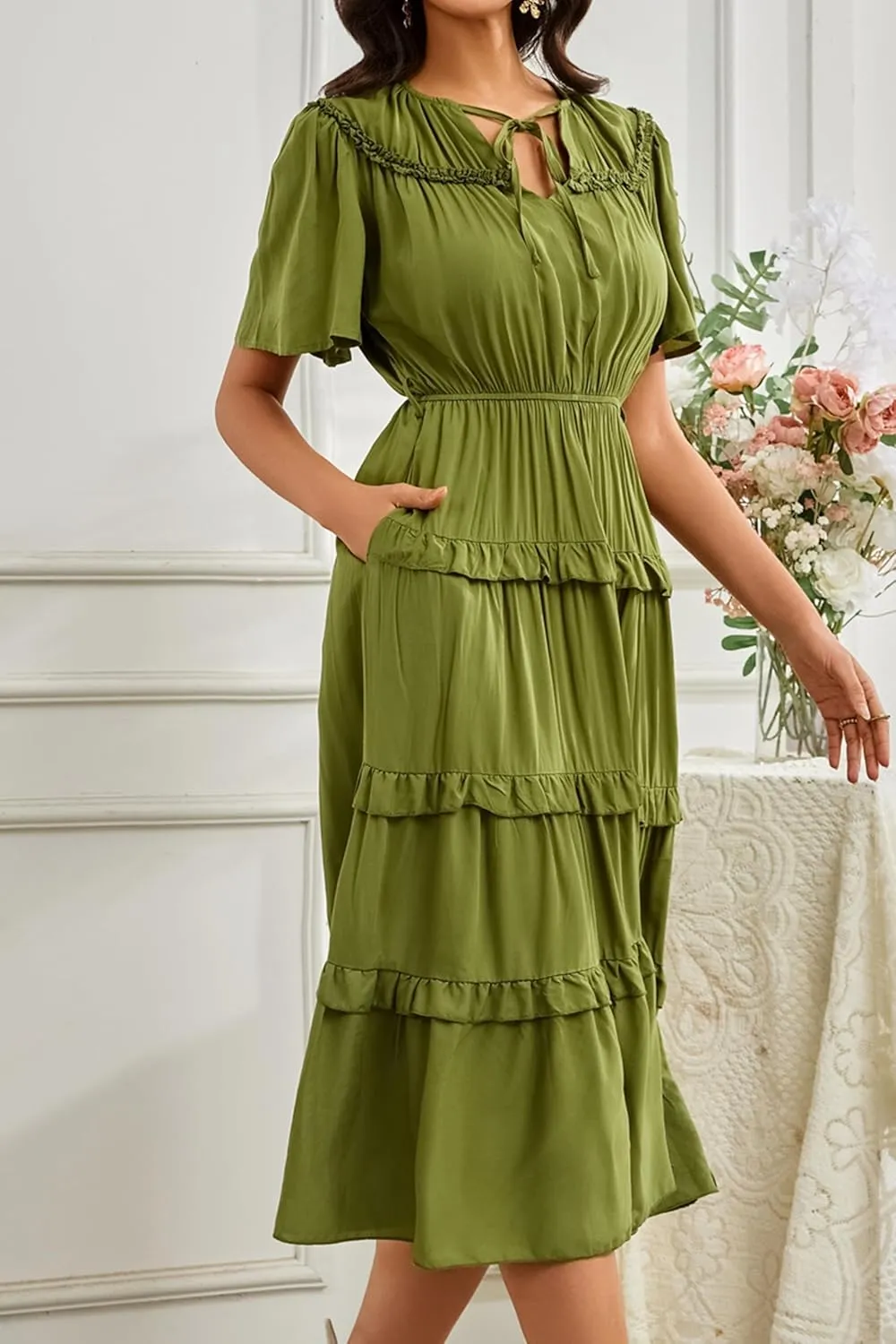 Women's Short Sleeve Summer Casual Pleated Long Ruffle Flowy Dresses with Pockets