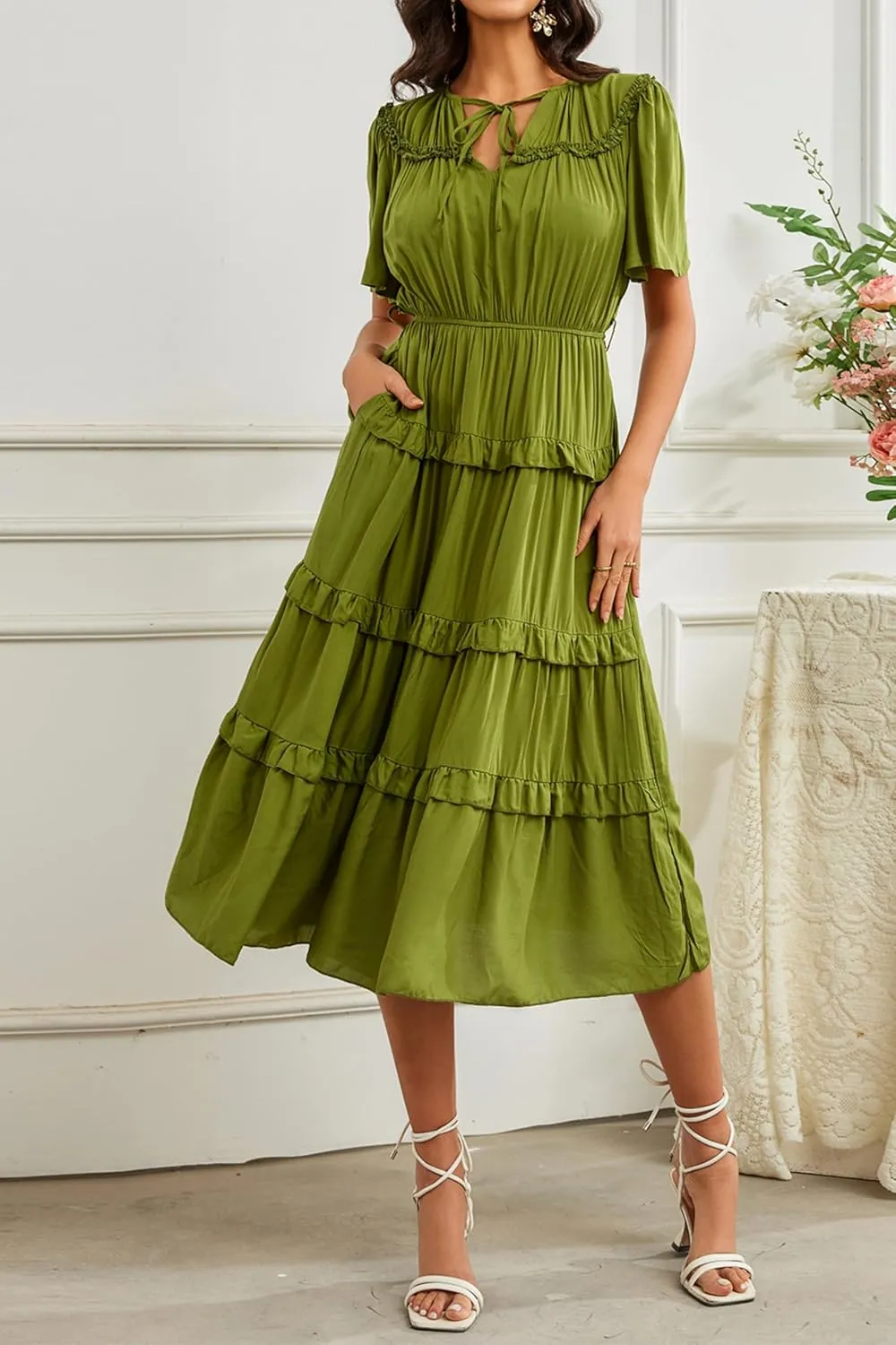 Women's Short Sleeve Summer Casual Pleated Long Ruffle Flowy Dresses with Pockets