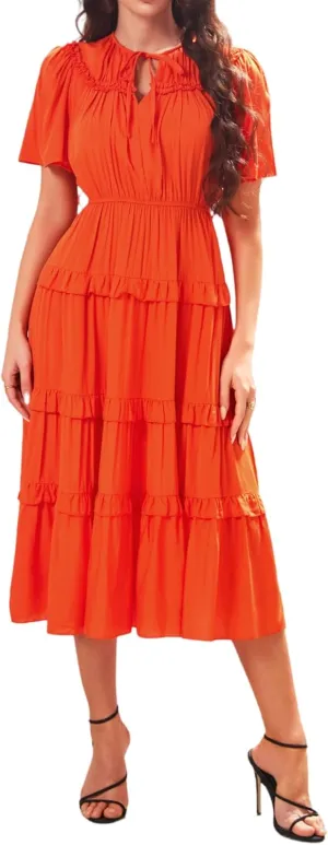 Women's Short Sleeve Summer Casual Pleated Long Ruffle Flowy Dresses with Pockets