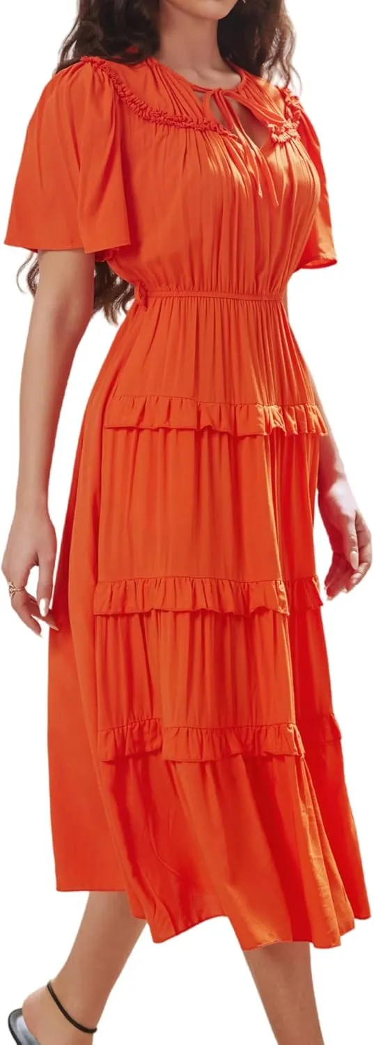 Women's Short Sleeve Summer Casual Pleated Long Ruffle Flowy Dresses with Pockets