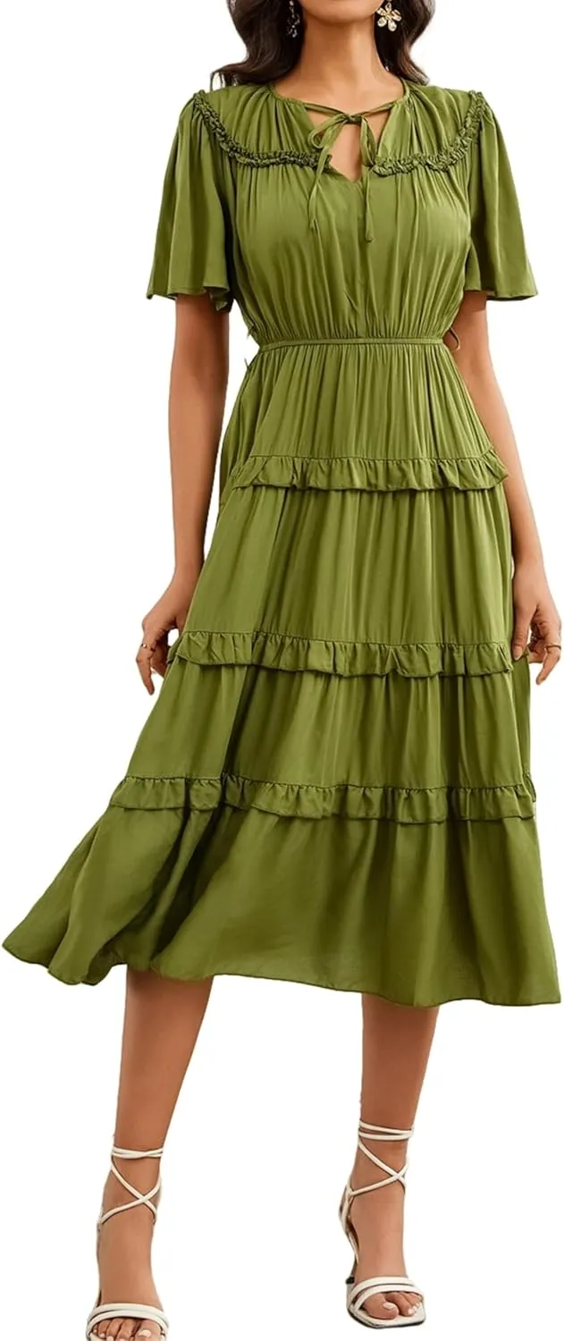 Women's Short Sleeve Summer Casual Pleated Long Ruffle Flowy Dresses with Pockets