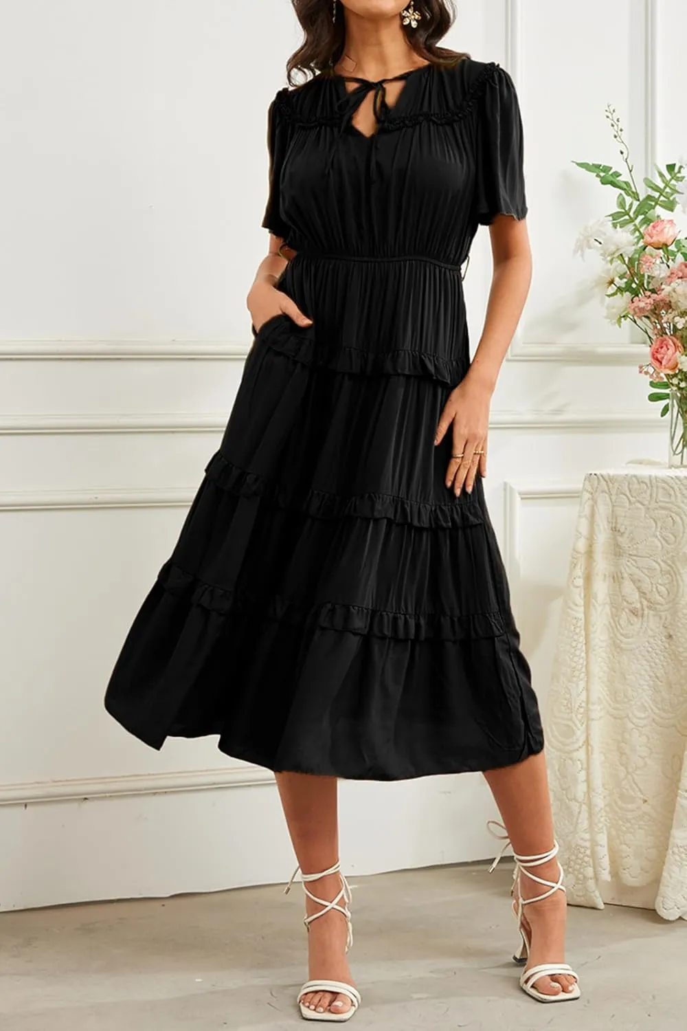 Women's Short Sleeve Summer Casual Pleated Long Ruffle Flowy Dresses with Pockets