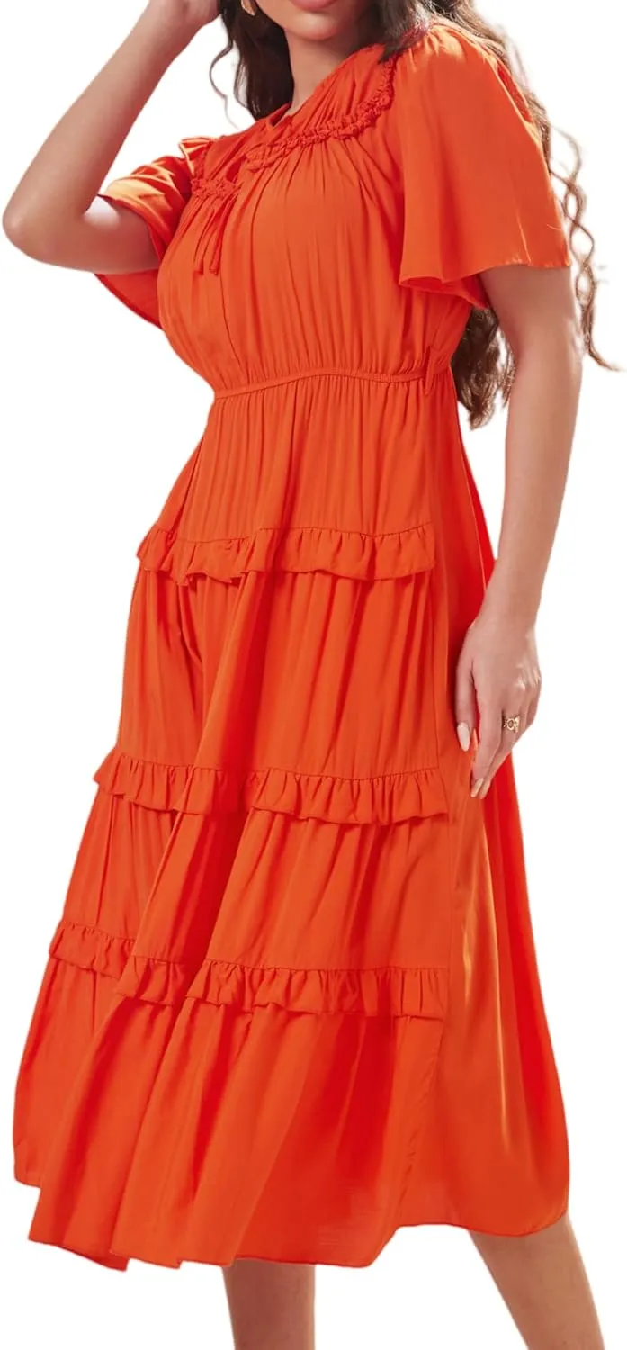 Women's Short Sleeve Summer Casual Pleated Long Ruffle Flowy Dresses with Pockets