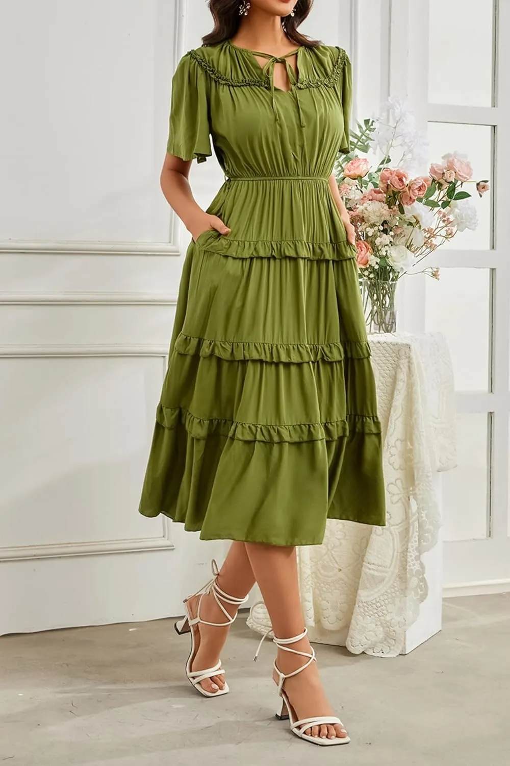 Women's Short Sleeve Summer Casual Pleated Long Ruffle Flowy Dresses with Pockets