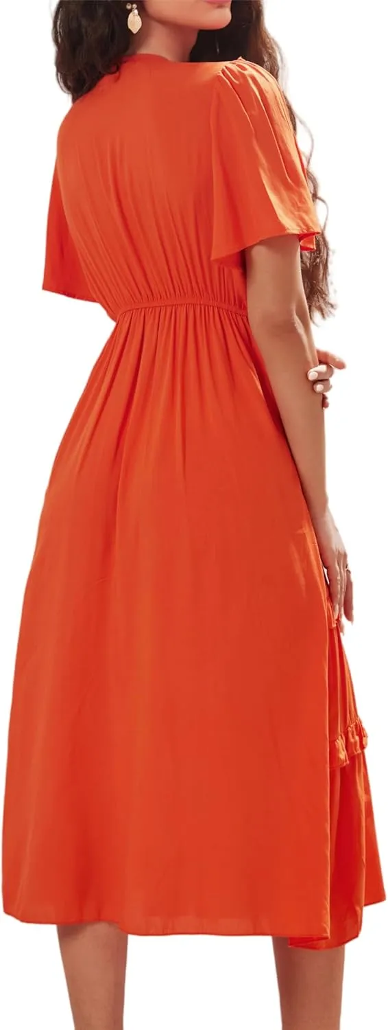 Women's Short Sleeve Summer Casual Pleated Long Ruffle Flowy Dresses with Pockets