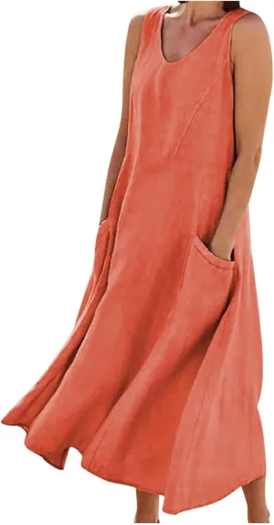Women's Summer Cotton Linen Maxi Dresses Sleeveless Solid Flowy Long Dress Plus Size Loose Comfy Dress with Pockets