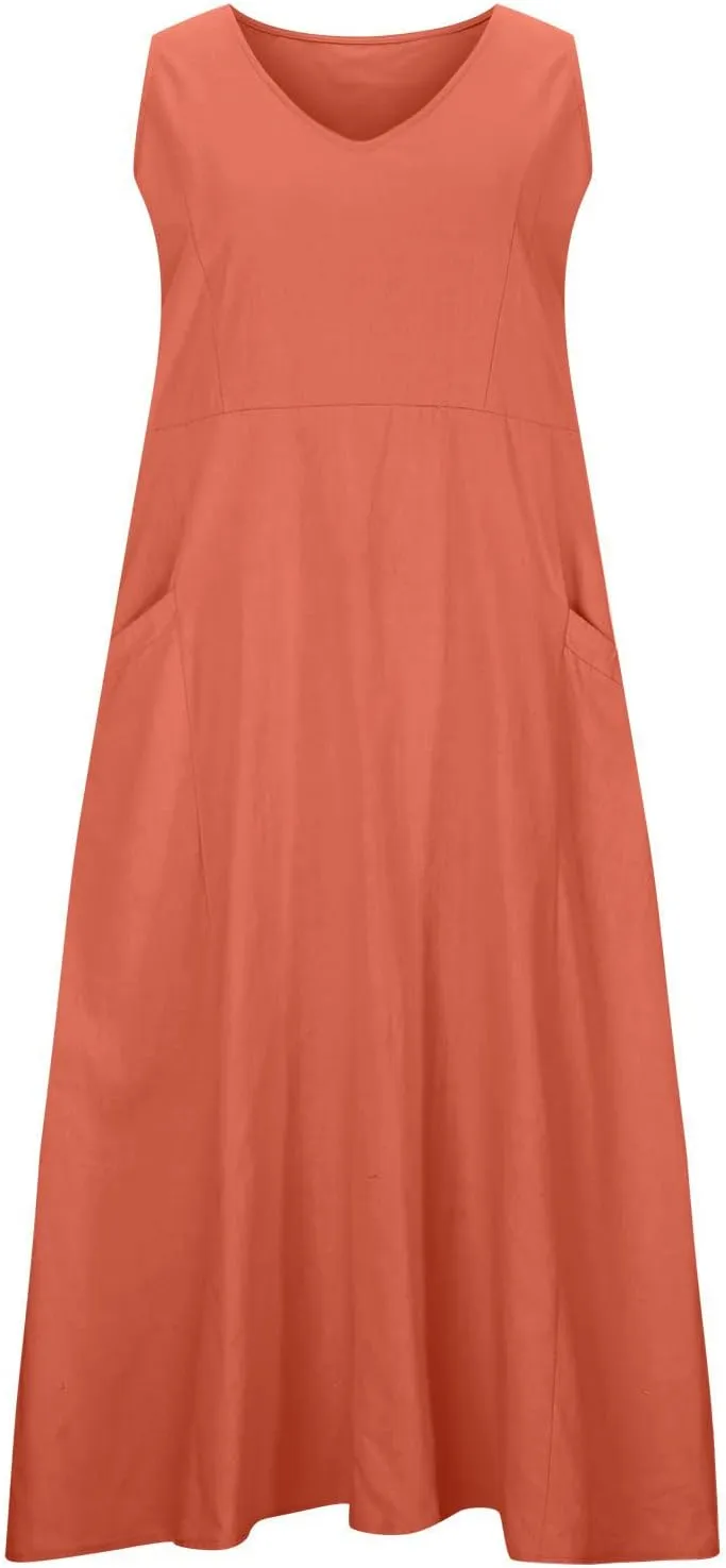Women's Summer Cotton Linen Maxi Dresses Sleeveless Solid Flowy Long Dress Plus Size Loose Comfy Dress with Pockets