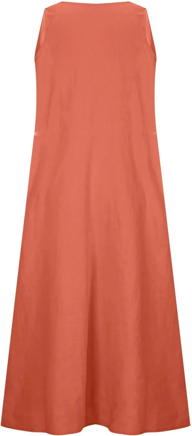 Women's Summer Cotton Linen Maxi Dresses Sleeveless Solid Flowy Long Dress Plus Size Loose Comfy Dress with Pockets