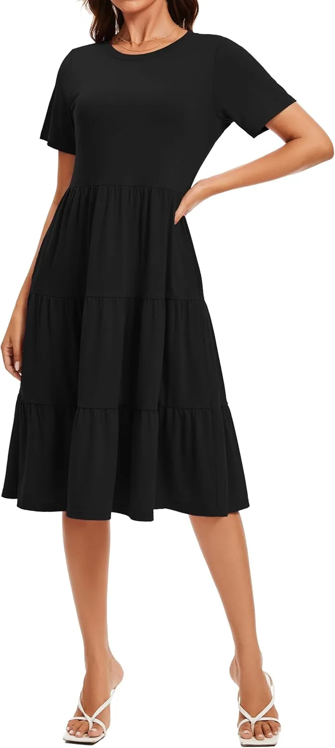Womens Summer Short Sleeve Crew Neck Midi Dress 2025 Casual Fit Flowy Tiered Beach Vacation Sundress with Pockets