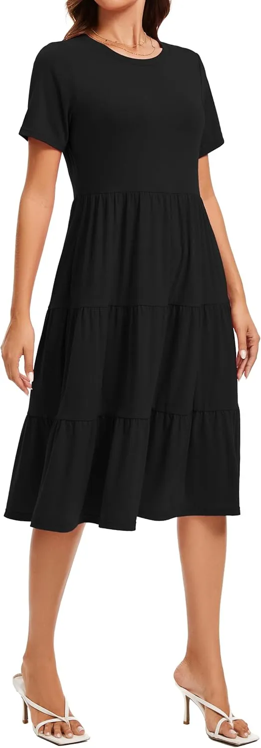 Womens Summer Short Sleeve Crew Neck Midi Dress 2025 Casual Fit Flowy Tiered Beach Vacation Sundress with Pockets