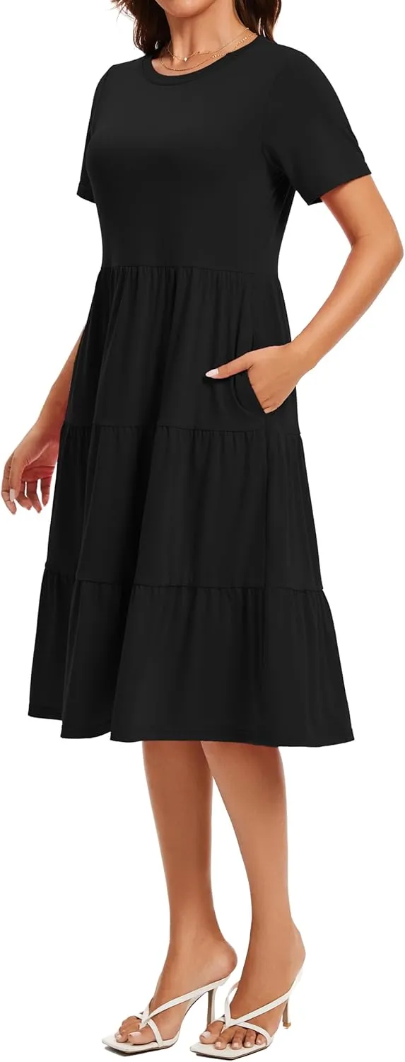 Womens Summer Short Sleeve Crew Neck Midi Dress 2025 Casual Fit Flowy Tiered Beach Vacation Sundress with Pockets