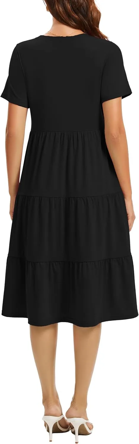 Womens Summer Short Sleeve Crew Neck Midi Dress 2025 Casual Fit Flowy Tiered Beach Vacation Sundress with Pockets