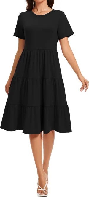 Womens Summer Short Sleeve Crew Neck Midi Dress 2025 Casual Fit Flowy Tiered Beach Vacation Sundress with Pockets