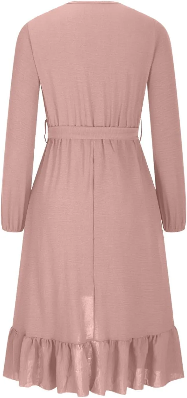 Women's Trendy V Neck Long Sleeve Tie Waist Ruffle Wrap Mini Dress Solid Color Cocktail Party Short Dress Plus Size