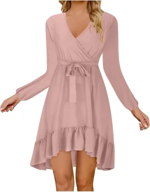 Women's Trendy V Neck Long Sleeve Tie Waist Ruffle Wrap Mini Dress Solid Color Cocktail Party Short Dress Plus Size