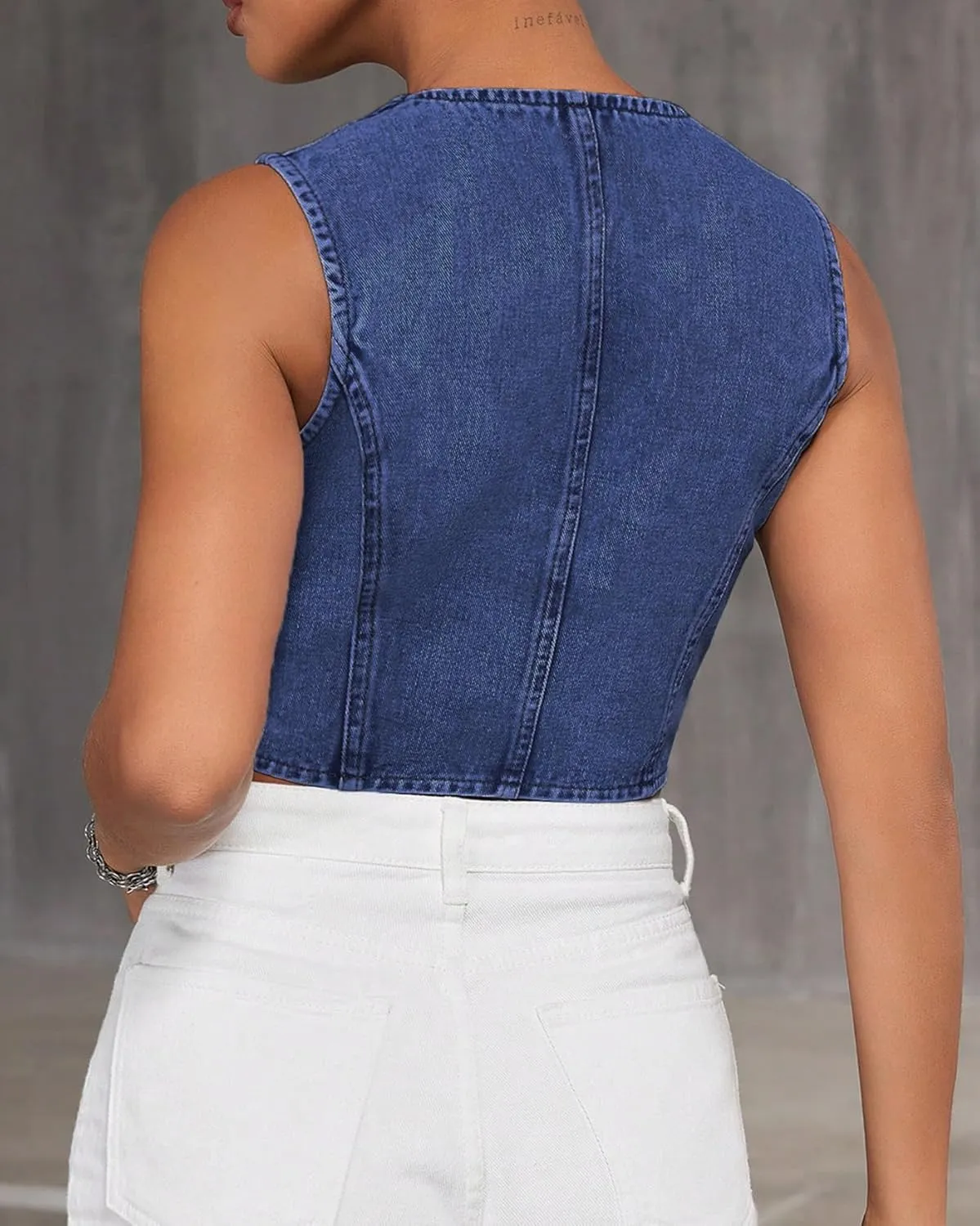 Women's V Neck Asymmetrical Hem Sleeveless Button Front Crop Denim Vest