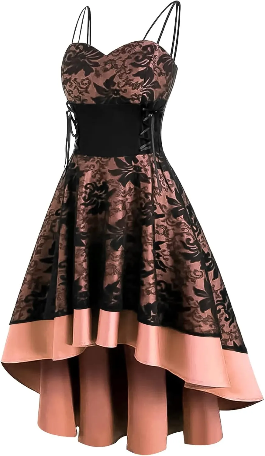 Womens Vintage Steampunk Dress Spaghetti Strap Bandage Dresses Floral Lace High Low Dress Lolita Halloween Costumes