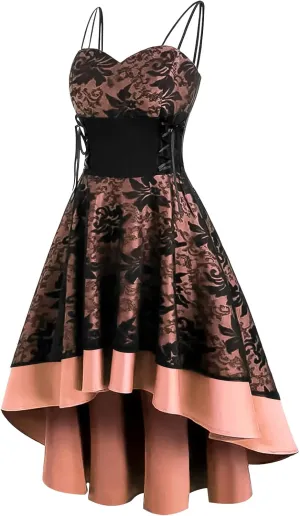 Womens Vintage Steampunk Dress Spaghetti Strap Bandage Dresses Floral Lace High Low Dress Lolita Halloween Costumes