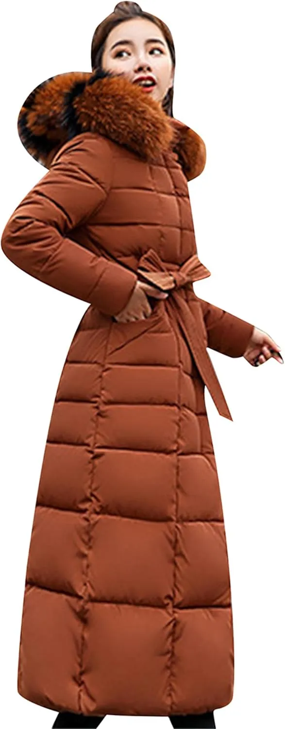 YMING Women's Winter Long Down Coat Pockets Maxi Down Parka Warm Puffer Jacket with Faux Fur Hood