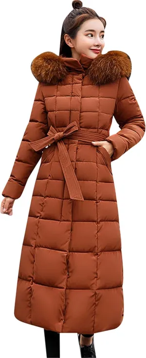YMING Women's Winter Long Down Coat Pockets Maxi Down Parka Warm Puffer Jacket with Faux Fur Hood