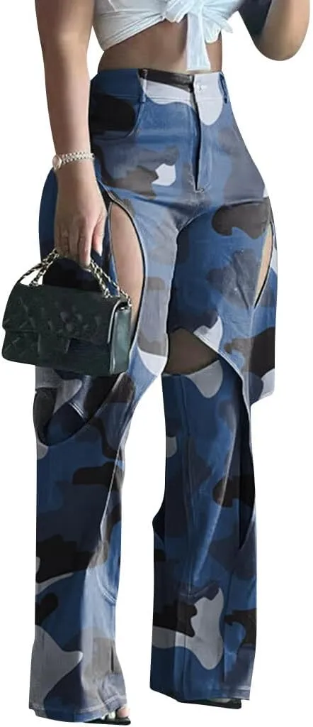 Ytfsrukp Women Straight Leg Cargo Pant High Waist Hollow Out Long Palazzo Trouser