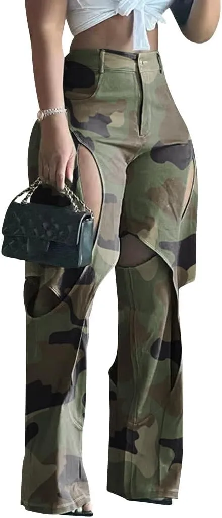 Ytfsrukp Women Straight Leg Cargo Pant High Waist Hollow Out Long Palazzo Trouser