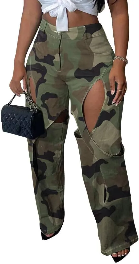 Ytfsrukp Women Straight Leg Cargo Pant High Waist Hollow Out Long Palazzo Trouser