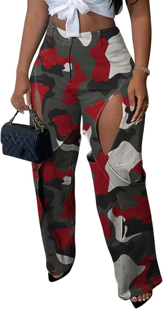 Ytfsrukp Women Straight Leg Cargo Pant High Waist Hollow Out Long Palazzo Trouser