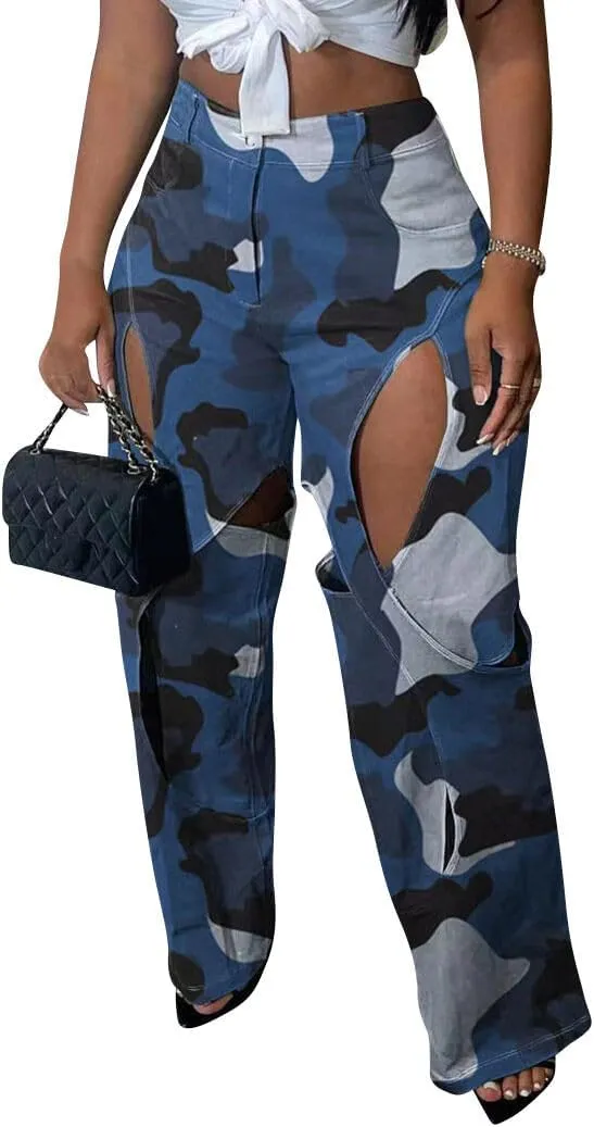 Ytfsrukp Women Straight Leg Cargo Pant High Waist Hollow Out Long Palazzo Trouser