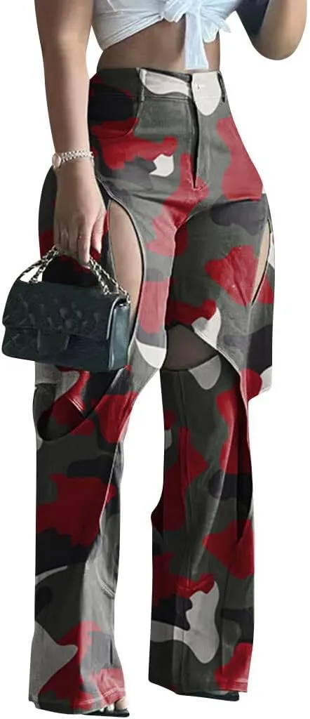 Ytfsrukp Women Straight Leg Cargo Pant High Waist Hollow Out Long Palazzo Trouser
