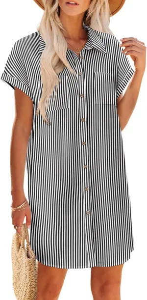 Zeagoo Button Up Dress for Women Linen Shift Dresses Summer Cotton Short Sleeve Mini Length V-Neck Loose Aline Holiday Vocation Beach Cover up,XL
