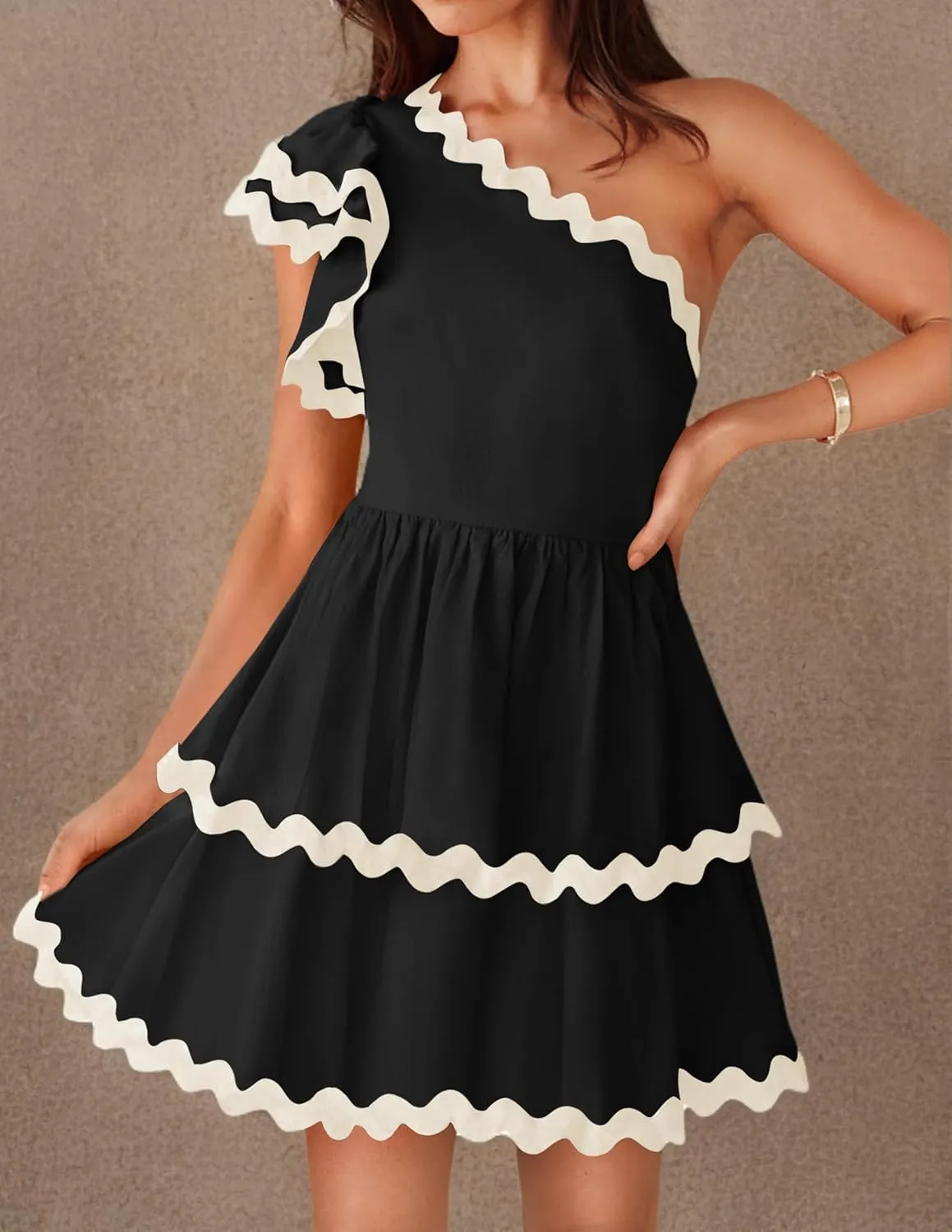 ZESICA Women's 2025 Summer One Shoulder Dresses Ruffle Short Sleeve Tiered Layered Swing A Line Mini Sundress